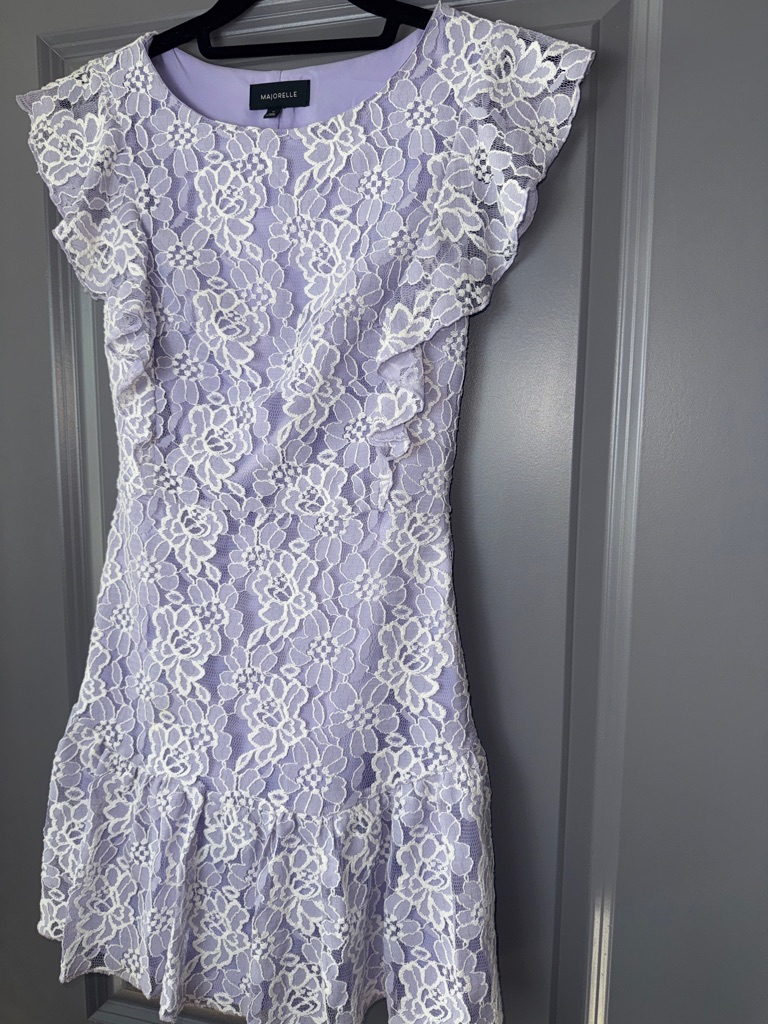 Majorelle Lavender Lace Ruffle Dress | Floral Overlay | Feminine Midi | Xs